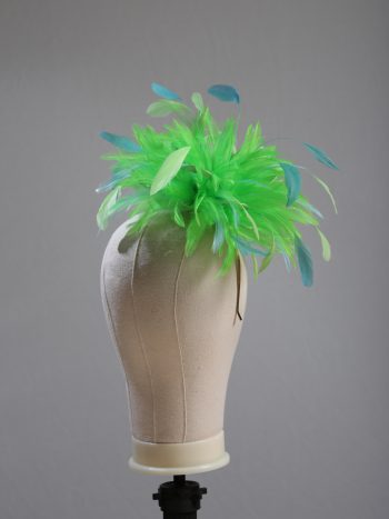 Ladies wedding or races apple lime green and aqua small feather and satin loop fascinator hat