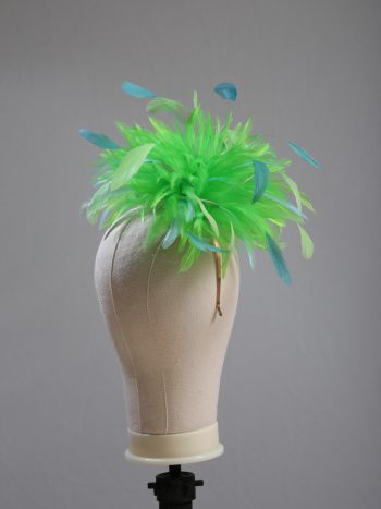 Ladies wedding or races apple lime green and aqua small feather and satin loop fascinator hat