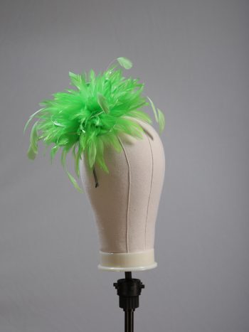 Ladies wedding or races apple lime green small feather and satin loop fascinator hat