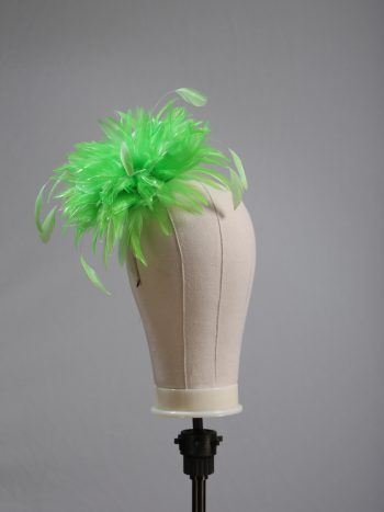 Ladies wedding or races apple lime green small feather and satin loop fascinator hat