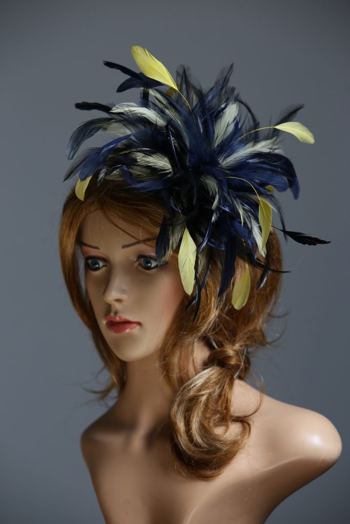 Navy Blue and Yellow Feather Small Fascinator hat Abbie Maighread