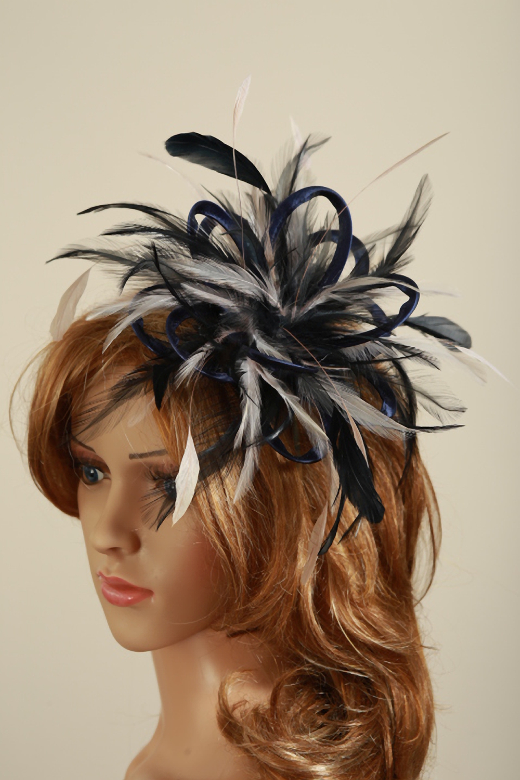 Navy Blue and Taupe Nude Feather Small Fascinator hat Abbie