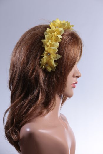 Yellow organza flower headband suitable for a ladies day at the races, bridal or a wedding