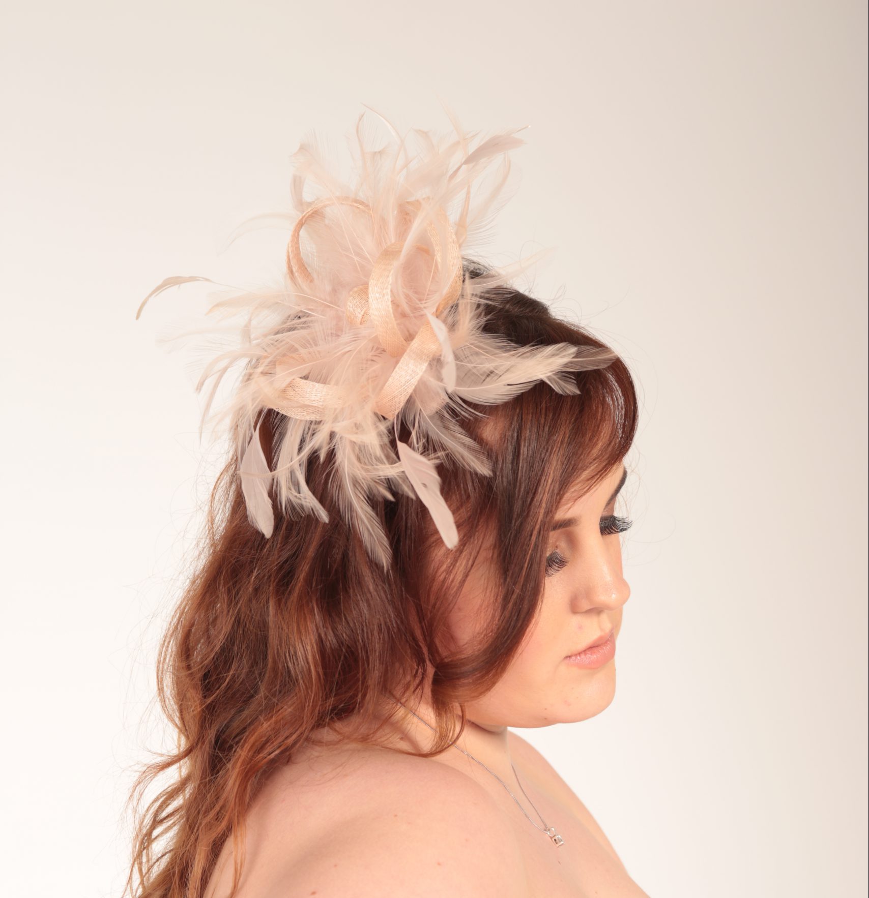 oyster pink small sinamay and feather fascinator hat