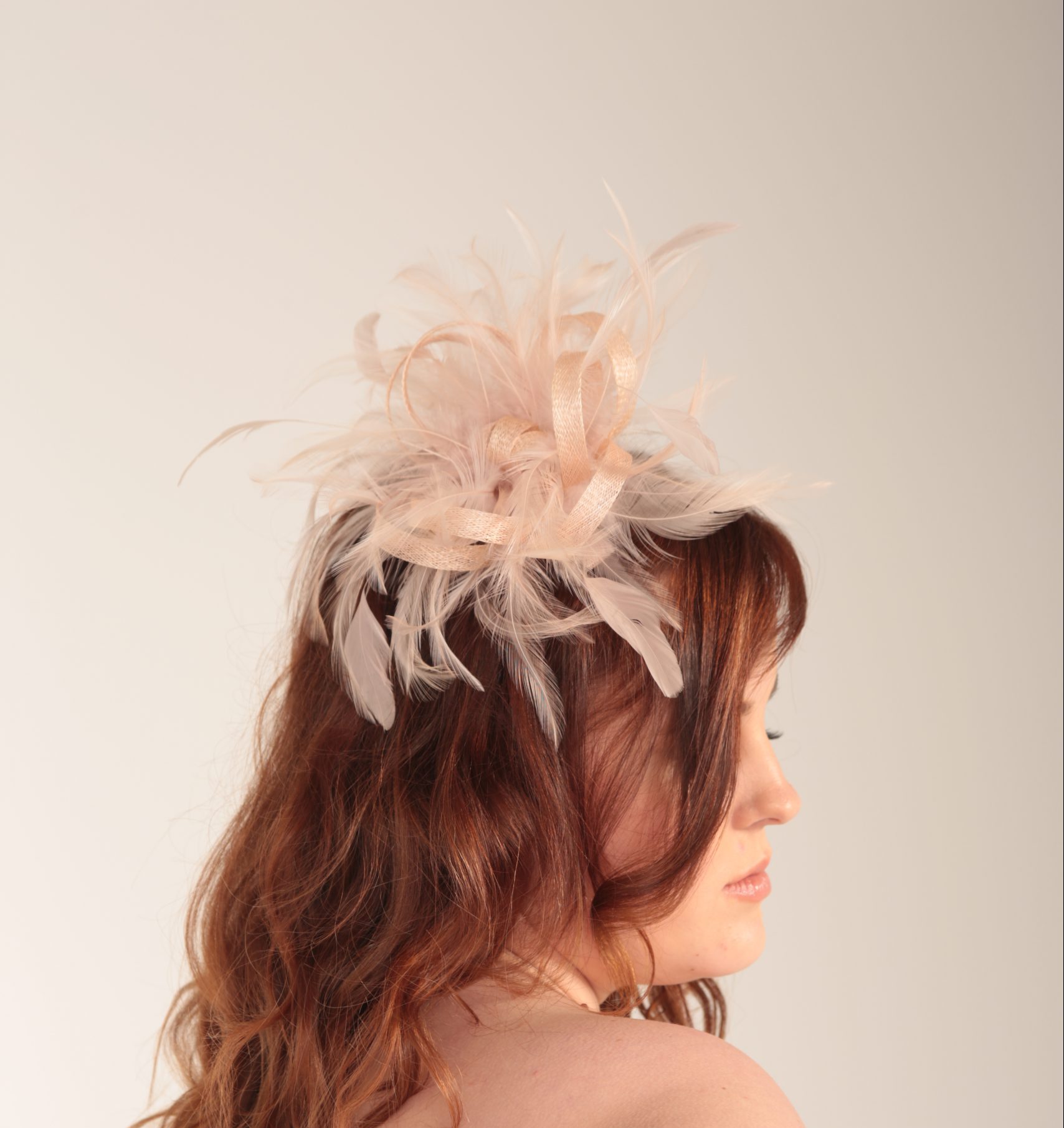 oyster pink small sinamay and feather fascinator hat