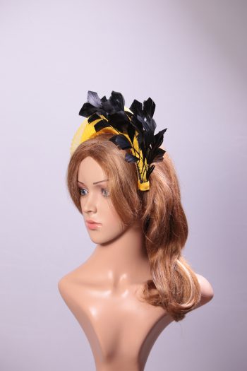 yellow halo crown with crin and black feather tree