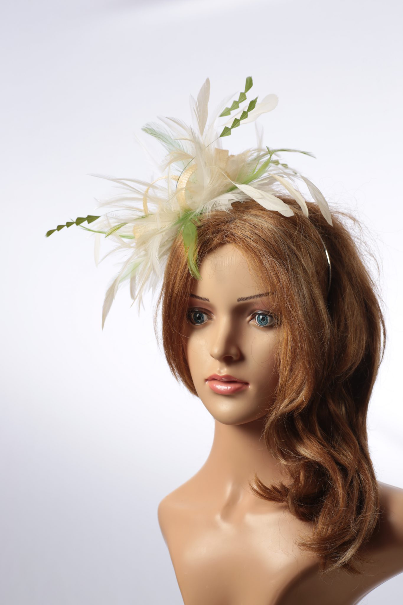 Small Sinamay Feather Fascinator Hat In Cream And Olive Moss Green