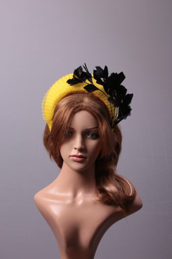 yellow halo crown with crin and black feather tree