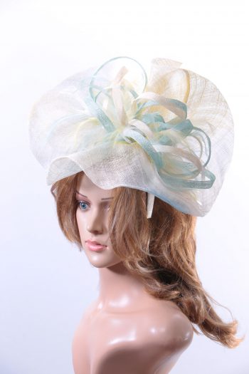 aqua ivory lemon sinamay feather saucer hat