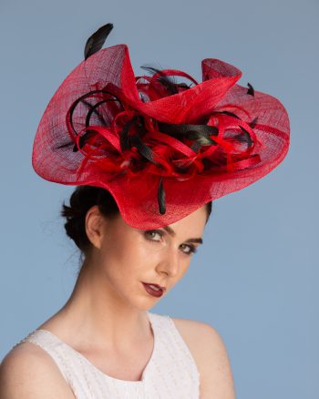 red and black large brim sinamay fascinator