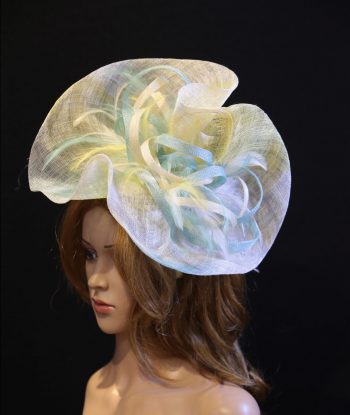 aqua ivory lemon sinamay feather saucer hat