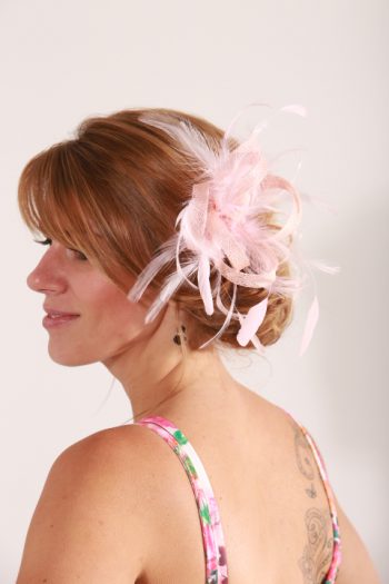 baby pink small sinamay and feather fascinator hat