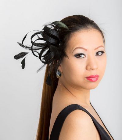 Black small sinamay and feather fascinator hat