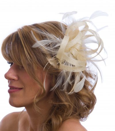 Ivory small sinamay and feather fascinator hat