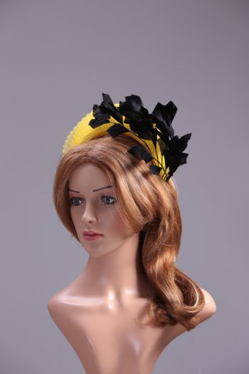 yellow halo crown with crin and black feather tree