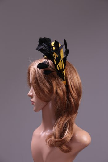 yellow halo crown with crin and black feather tree