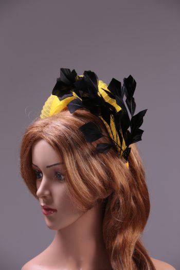 yellow halo crown with crin and black feather tree