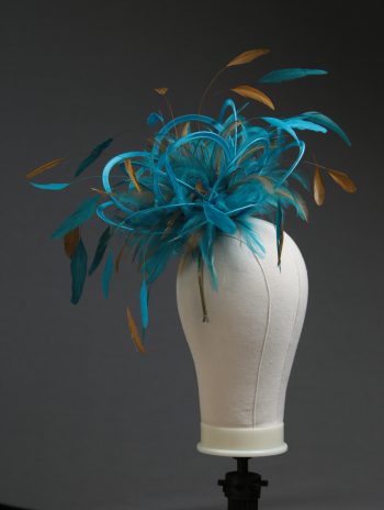 Ladies' formal Turquoise and Gold medium feather and satin loop fascinator hat. Suitable for a wedding or ladies' day at the races