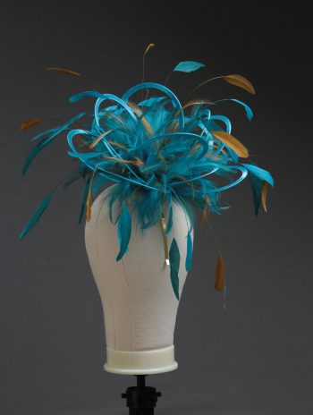 Ladies' formal Turquoise and Gold medium feather and satin loop fascinator hat. Suitable for a wedding or ladies' day at the races