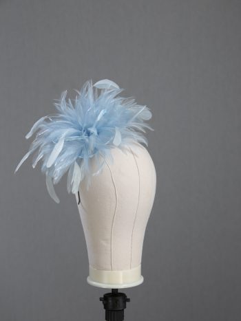 Ladies wedding or races baby blue small feather and satin loop fascinator hat