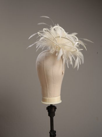 Ladies formal cream medium feather and satin loop fascinator hat. Suitable for a wedding or ladies day at the races