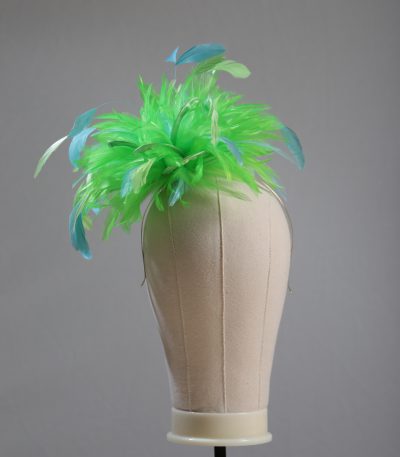 Ladies wedding or races apple lime green and aqua small feather and satin loop fascinator hat