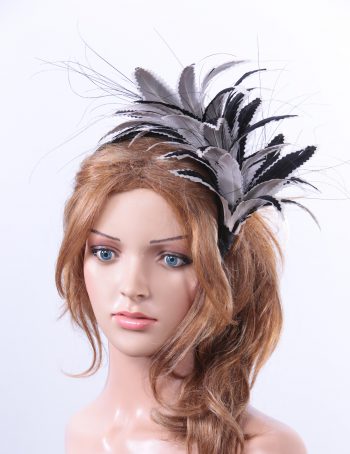 black and pale grey feather mount headband suitable for a wedding or ladies day at the races