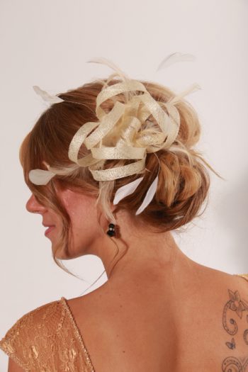 Cream small sinamay and feather fascinator hat