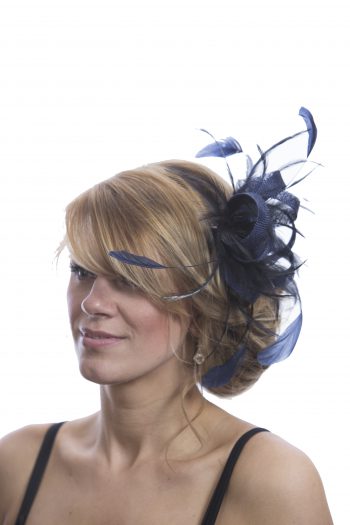 Navy Blue small sinamay and feather fascinator hat