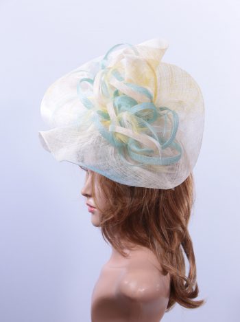 aqua ivory lemon sinamay feather saucer hat