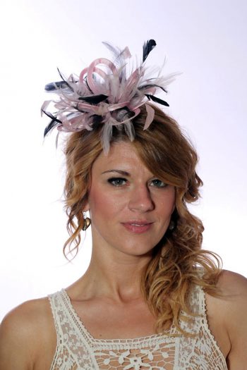 baby pink and navy blue small fascinator feather hat