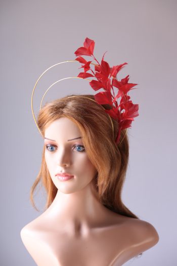 gold double halo crown with red feather tree