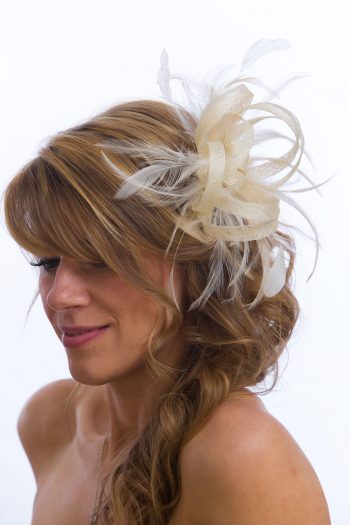 Ivory small sinamay and feather fascinator hat