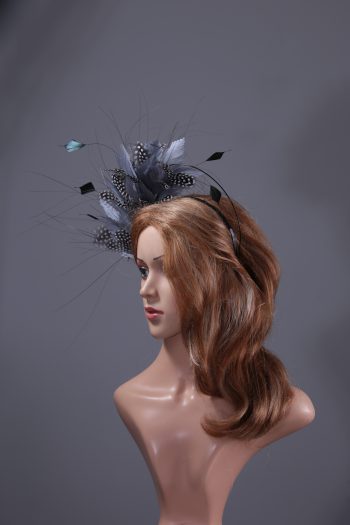 pewter grey feather mount on a black halo crown headband