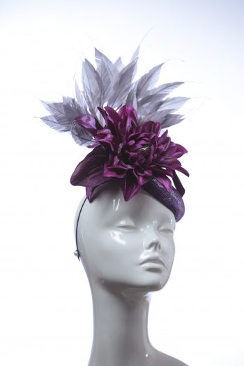 plum purple pewter feather pillbox fascinator hat