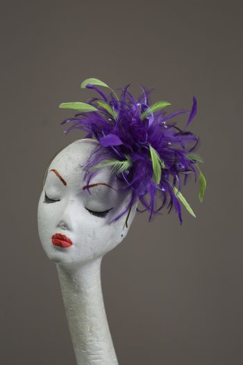 purple and acid lime green small feather fascinator hat