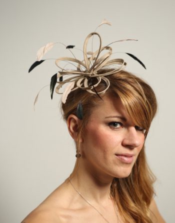 taupe nude and black feather fascinator hat