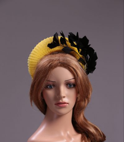 yellow halo crown with crin and black feather tree