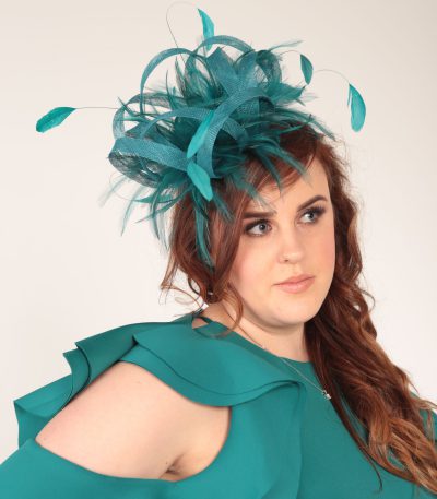 Teal green large sinamay and feather fascinator hat (1)