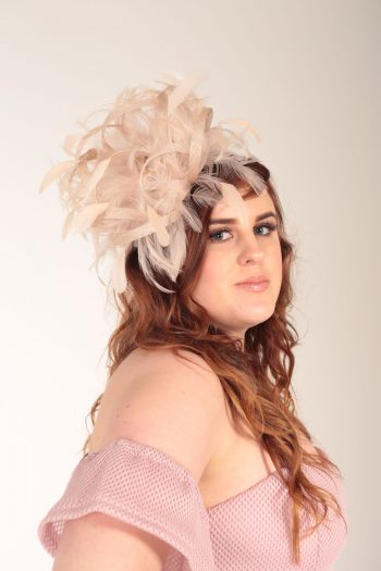 Nude Almond Taupe large sinamay and feather fascinator hat