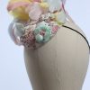 3d lace sinimay button block with rainbow pastel feathers fascinator pillbox hat