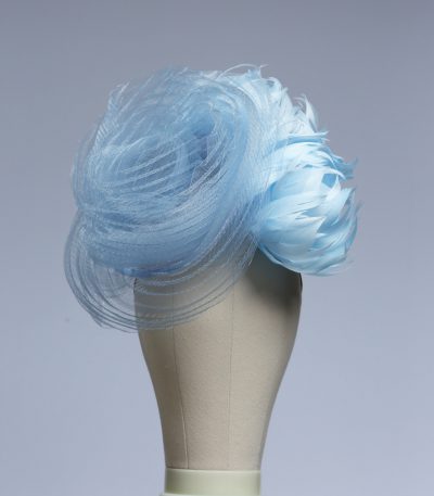 baby blue and cornflower crin percher saucer fascinator hat