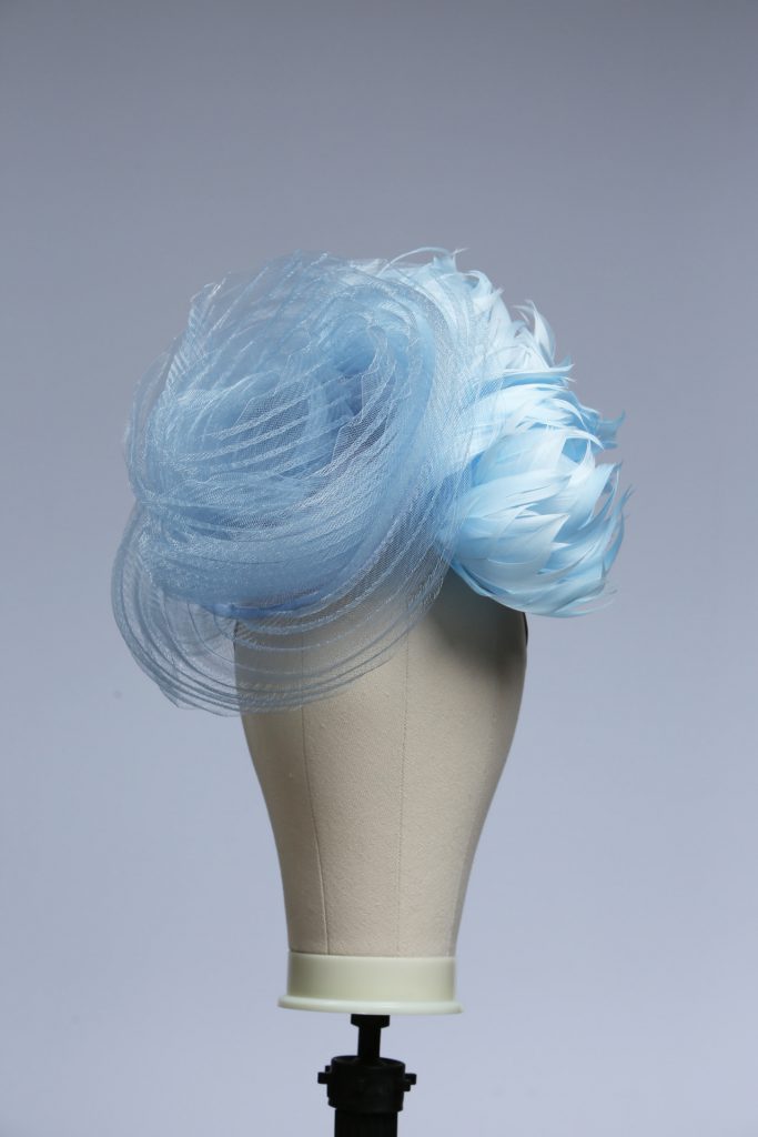 Baby blue and cornflower feather & crin percher saucer fascinator hat ...