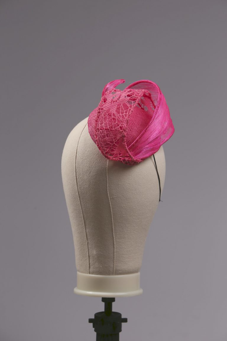 Hot pink silk abaca, Lace and Straw teardrop pillbox fascinator hat ...