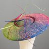 Floating quill hand painted royal, raspberry and lime paint spatter saucer fascinator hat