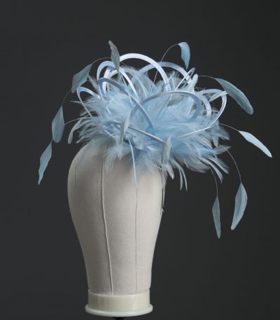 Ladies formal Baby blue medium feather and satin loop fascinator hat. Suitable for a wedding or ladies day at the races