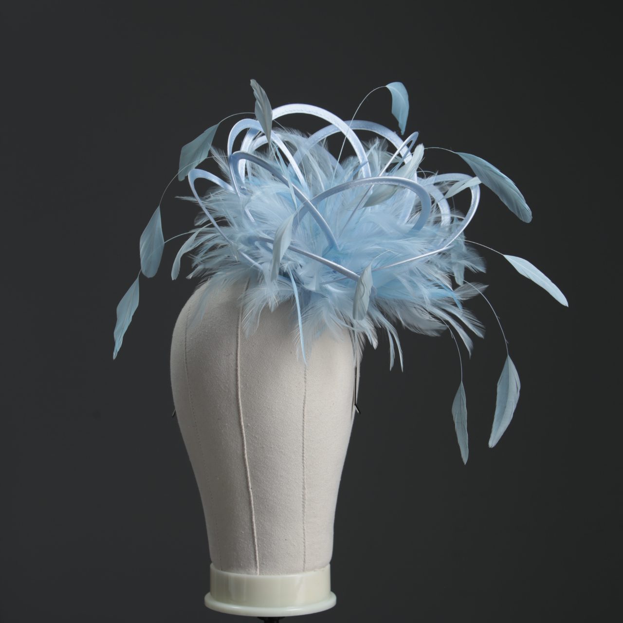 Ladies formal Baby blue medium feather and satin loop fascinator hat. Suitable for a wedding or ladies day at the races