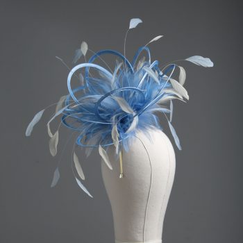 Ladies formal cornflower blue and ivory medium feather and satin loop fascinator hat. Suitable for a wedding or ladies day at the races