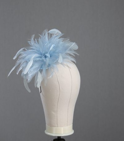 Ladies wedding or races baby blue small feather and satin loop fascinator hat