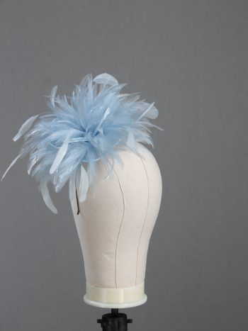 Ladies wedding or races baby blue small feather and satin loop fascinator hat